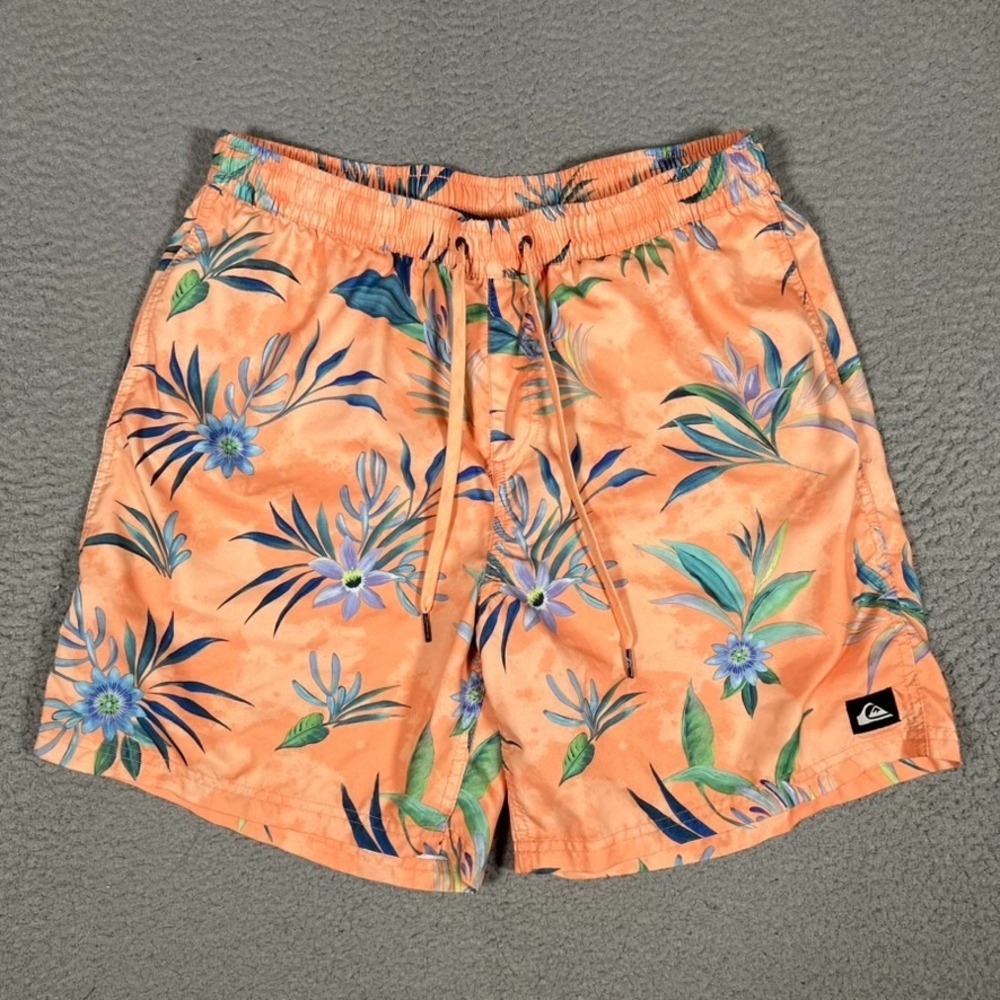 Quiksilver Shorts Mens Large Orange Elastic Waist Drawstring Swim Casual‎ Logo